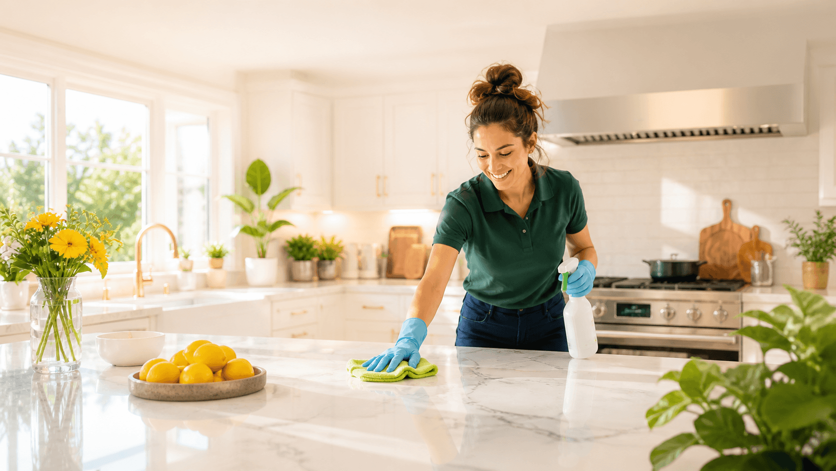 Professional cleaner caring for a bright, modern kitchen